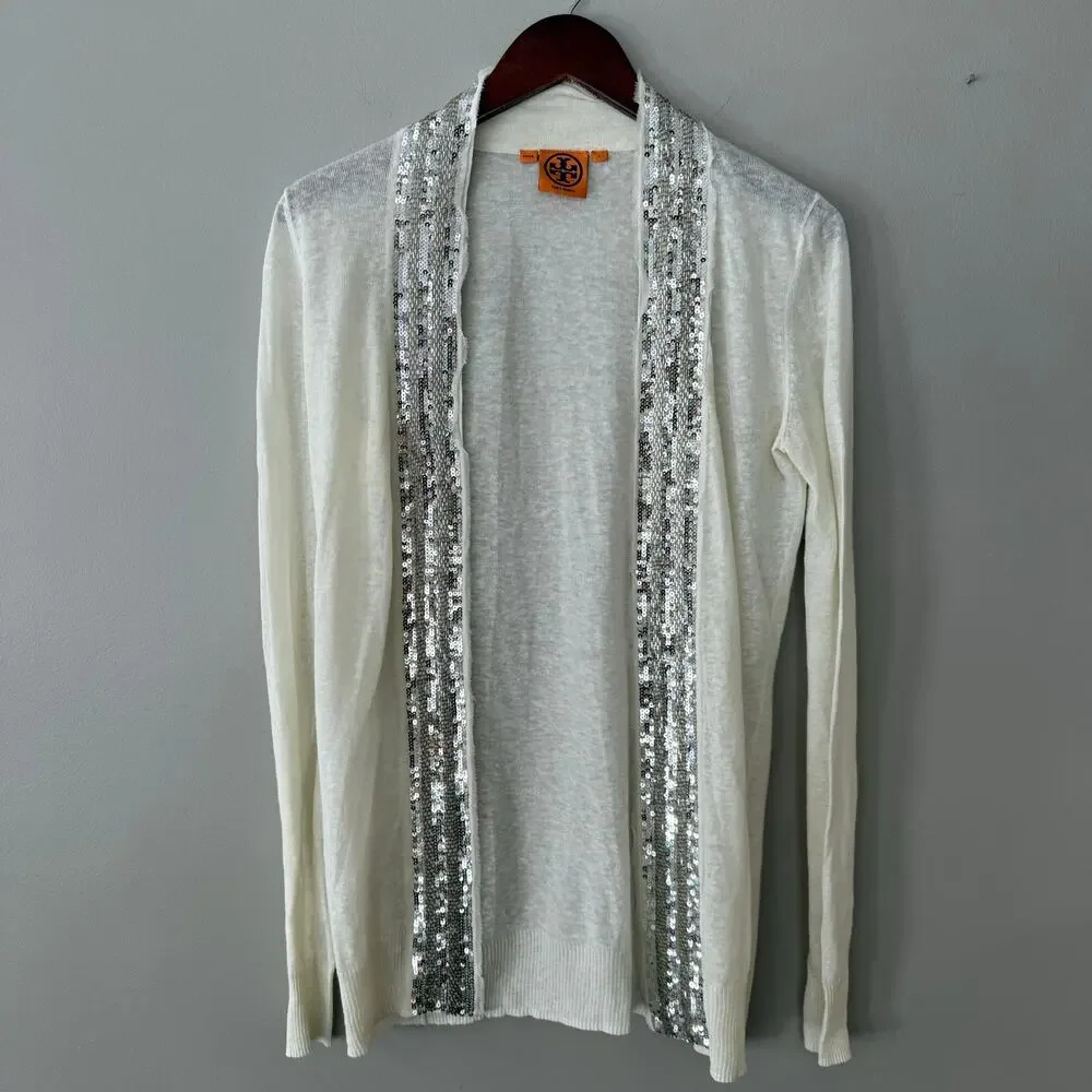 Tory Burch Open Front Long Cardigan Linen Cotton Sequin Thin Knit Sweater Sz Sml